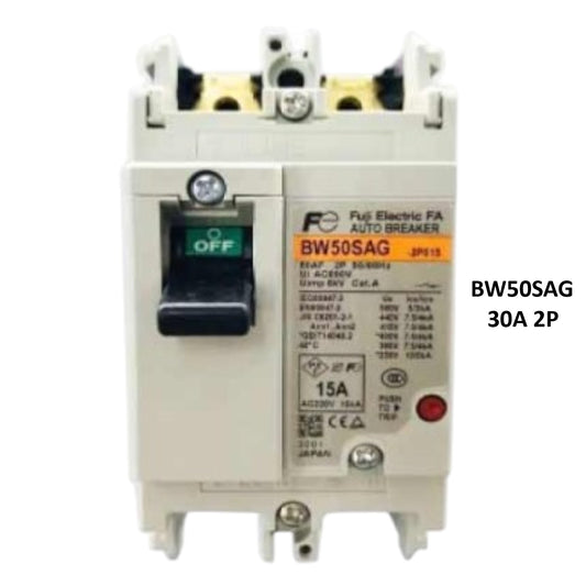 Fuji 30A 2P molded case circuit breaker. BW50SAG beige housing with black OFF toggle for industrial panels