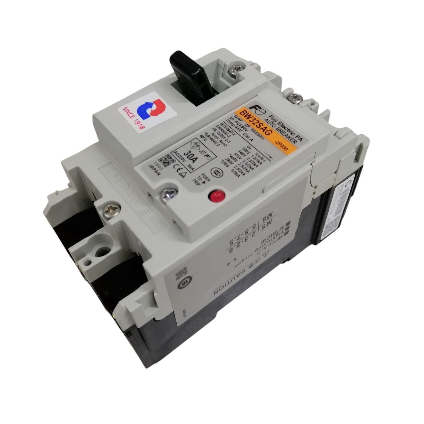 MCCB BW32SAG-CE 30A 2Pole molded case circuit breaker with black toggle and terminal connections