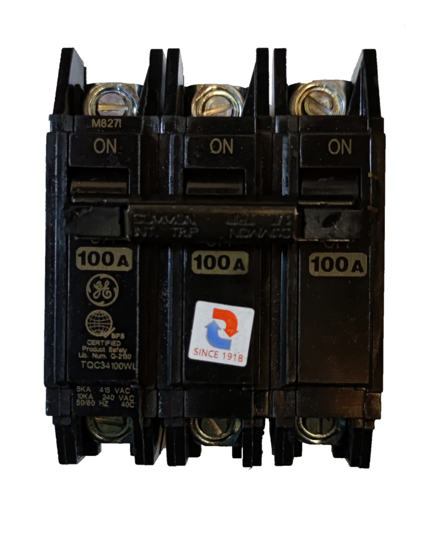 GE 100A Circuit Breaker 3 Pole Three Phase black electrical component with on/off switches