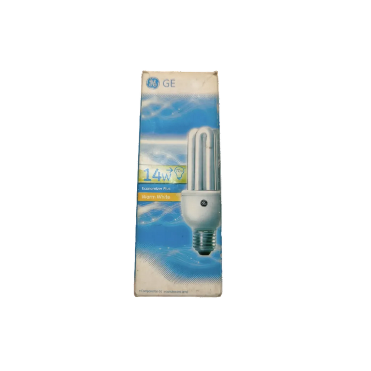 GE 14W CFL Warm White E27 220V compact fluorescent bulb packaging showing bulb image and product details