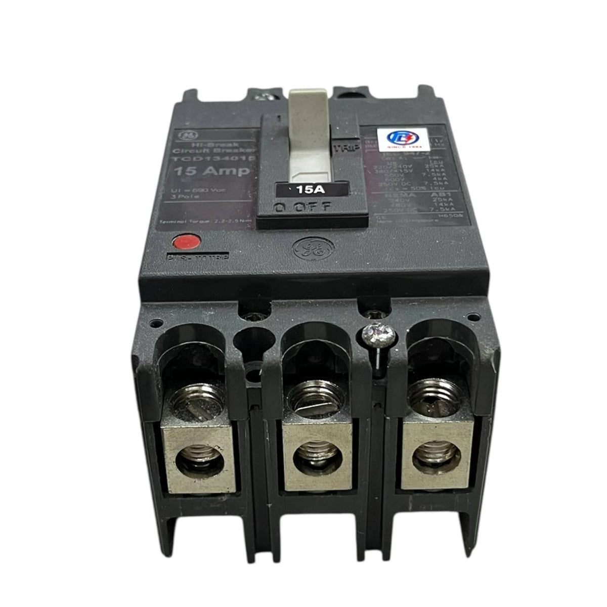 GE 15A 3Pole Industrial Circuit Breaker 220V with black durable casing and metal terminals