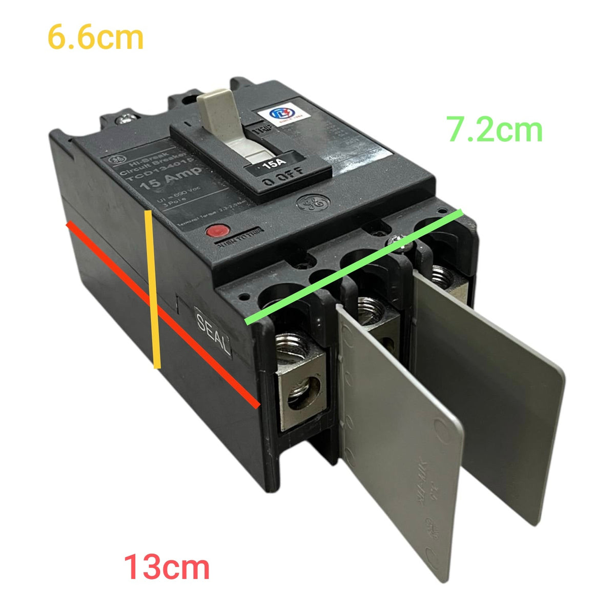 GE 15A 3Pole Industrial Circuit Breaker 220V with black body and metal terminals