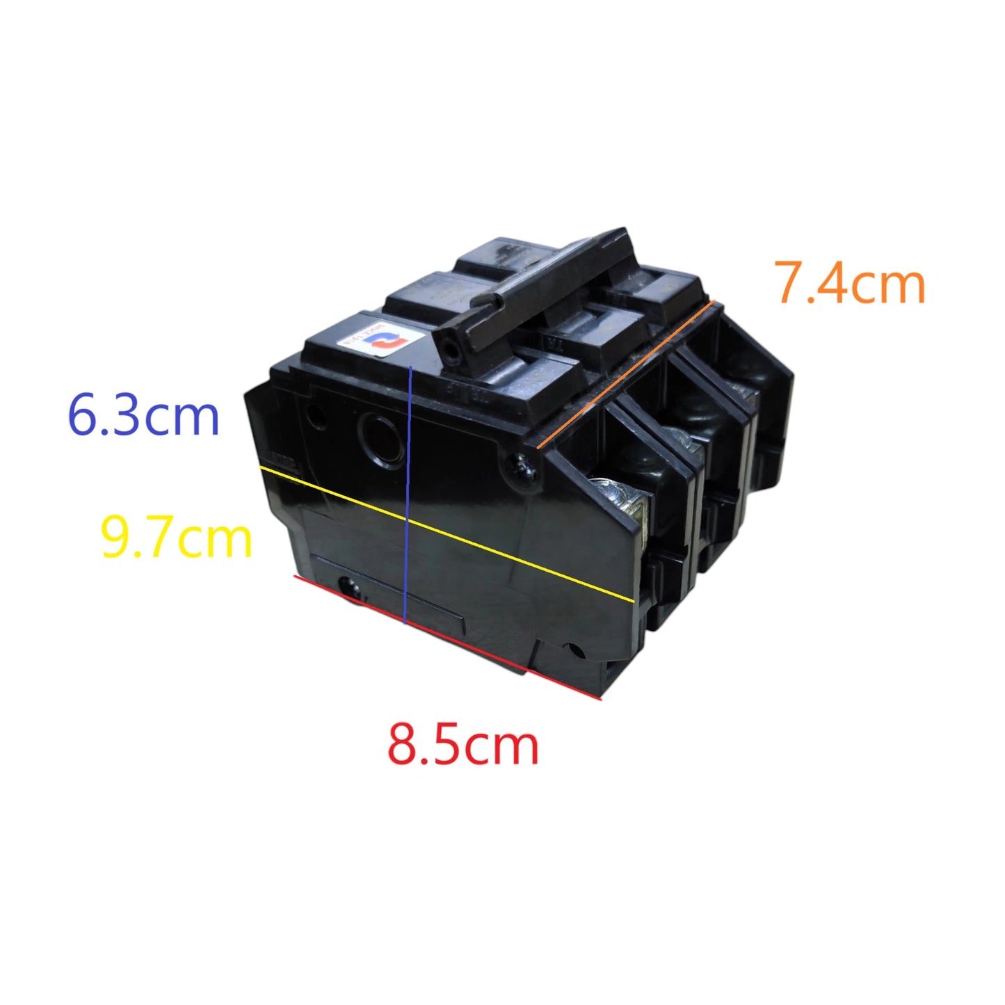 GE 15A Circuit Breaker 3 Pole in black with dimensions labeled for easy identification