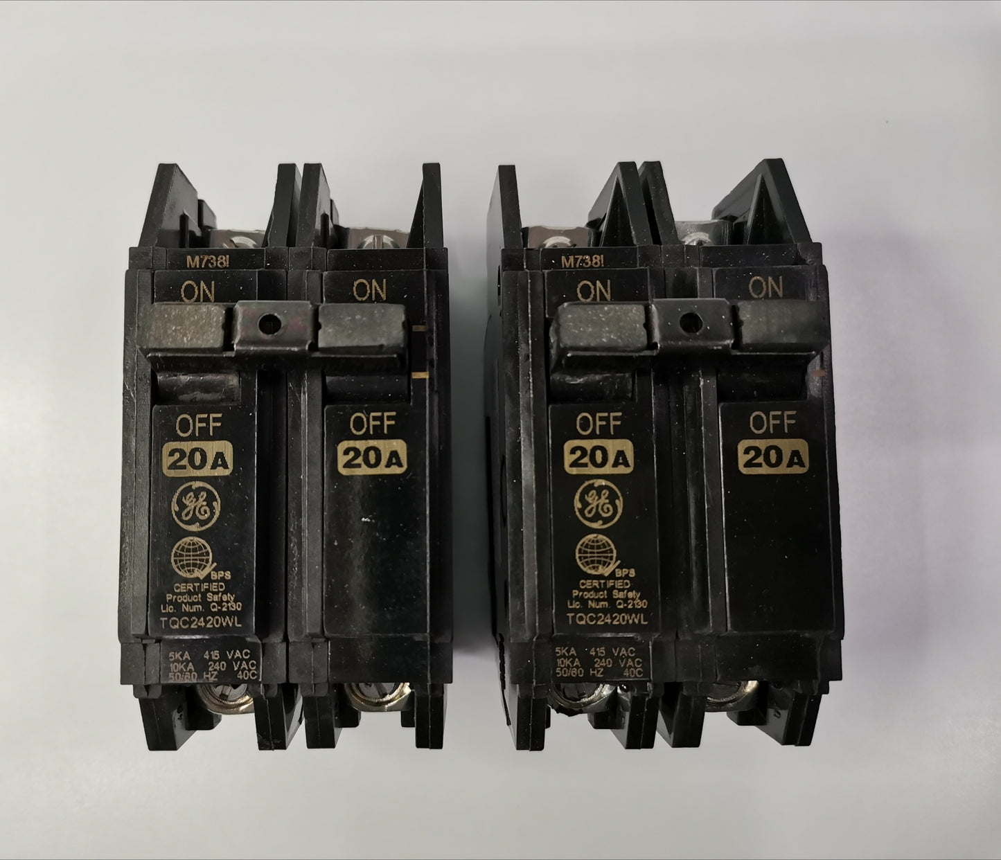 20A 2 Pole GE TQC bolt-on breaker electrical component with on off switches for circuit protection
