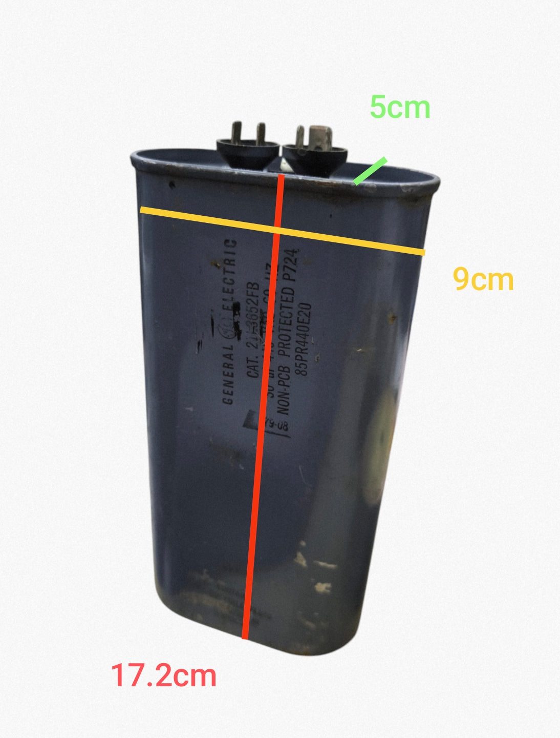 GE 30uf 440VAC capacitor refurbished with specifications shown including height and dimensions