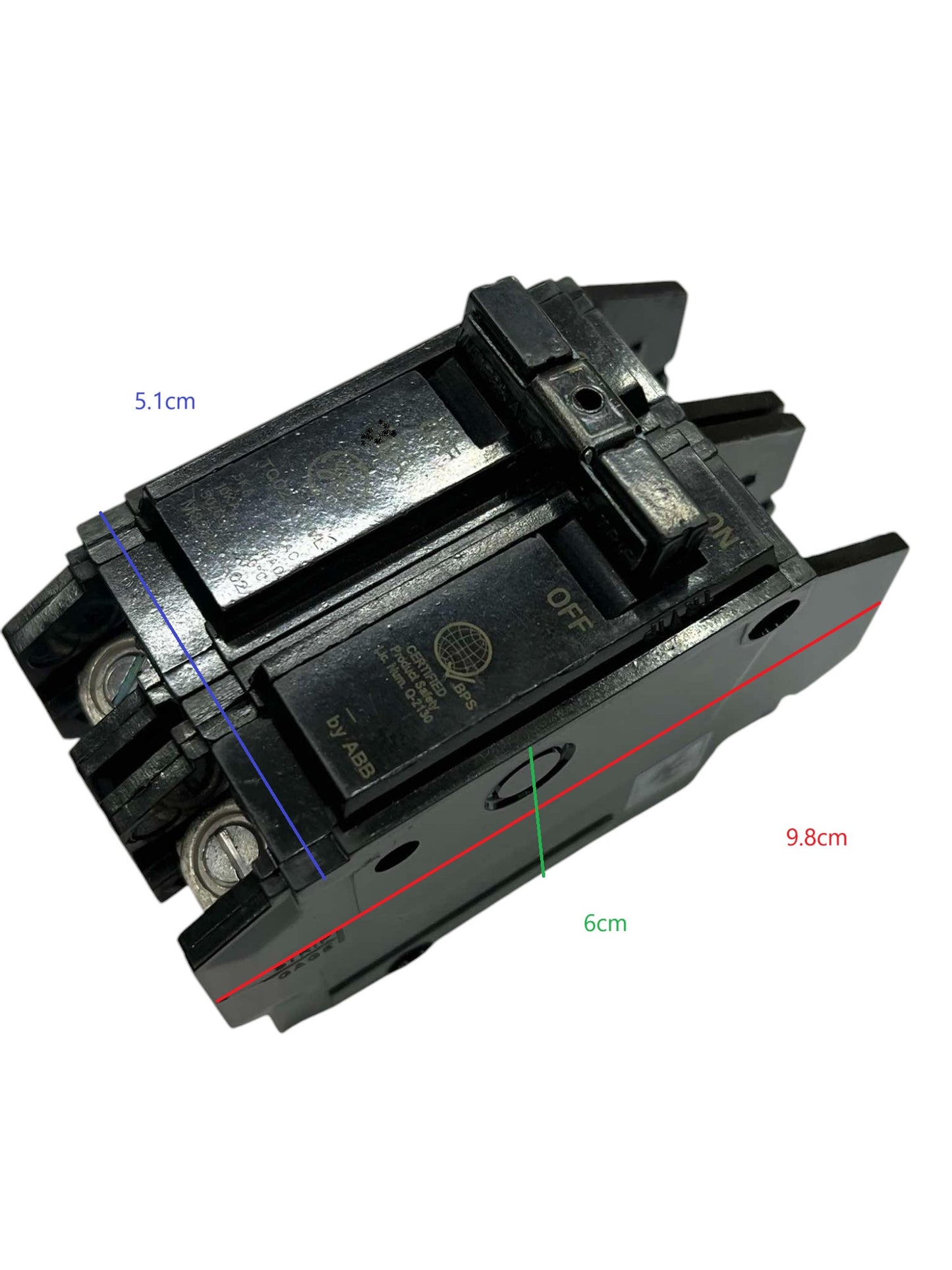 GE 40A Circuit Breaker 2 Pole S black electrical circuit breaker with on off switch and measurements