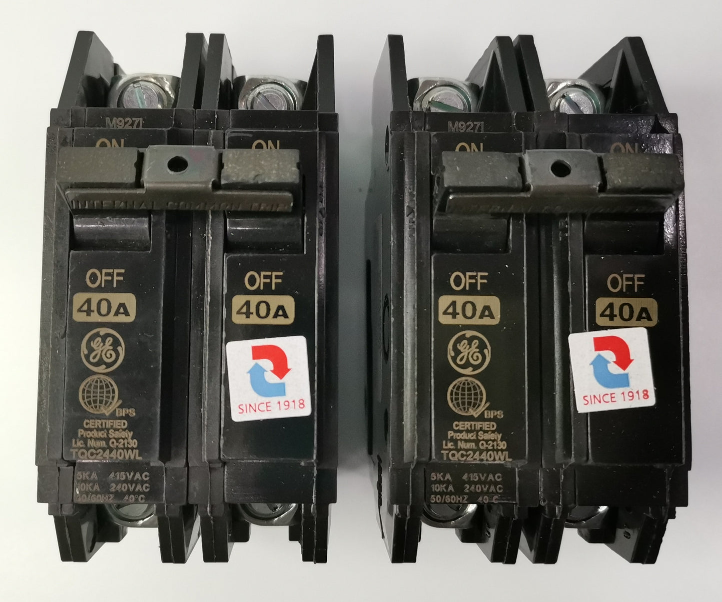 GE 40A Circuit Breaker 2 Pole S with black switch and certified safety markings