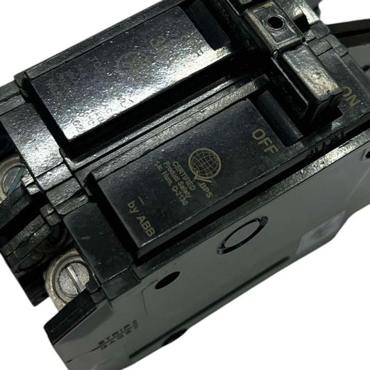 Close-up of black GE 50A Circuit Breaker 2 Pole with ON OFF switch and terminal screws