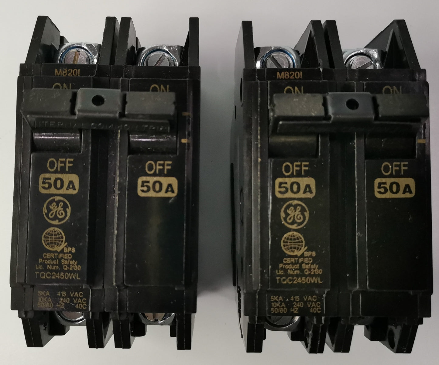 GE 50A Circuit Breaker 2 Pole black electrical breakers with ON OFF switch and 50 amp rating