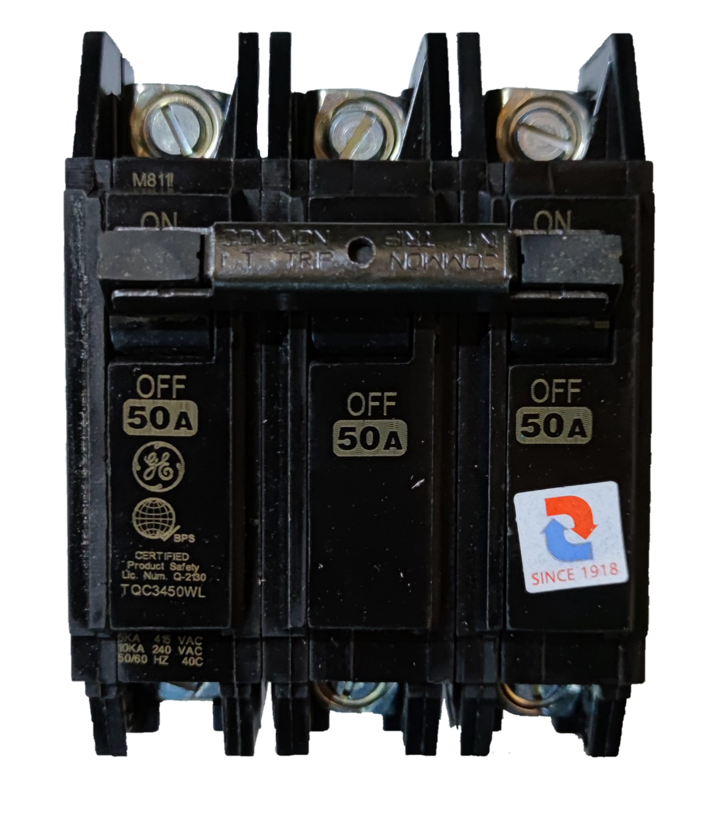 GE 50A Circuit Breaker 3 Pole Three Phase black electrical component with ON OFF switches