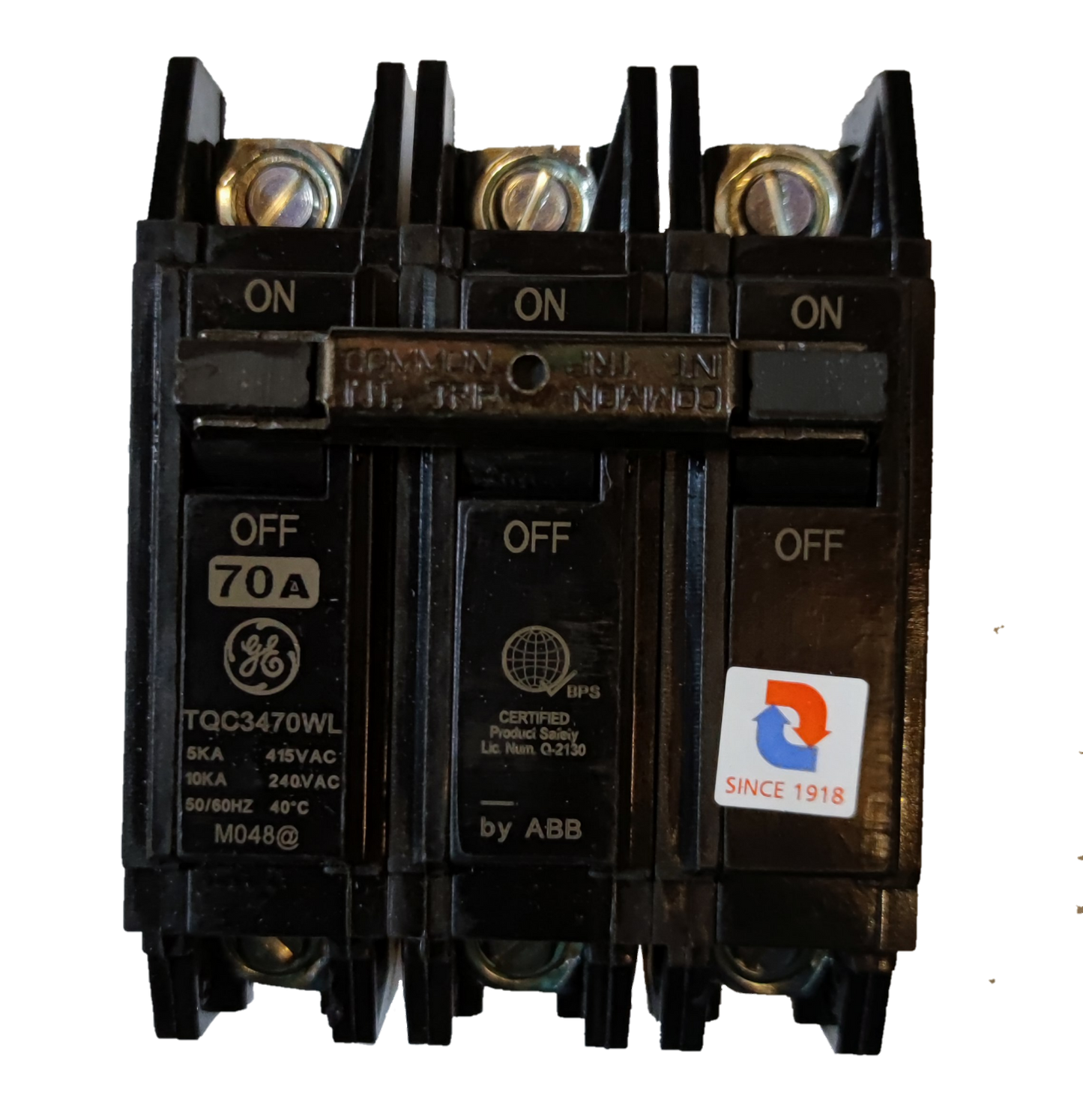 GE 70A Circuit Breaker 3 Pole black electrical breaker with ON OFF switches and metal connector