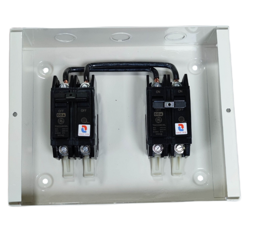 GE and Koten 2 pole single phase transfer switch electrical circuitry component in metal enclosure