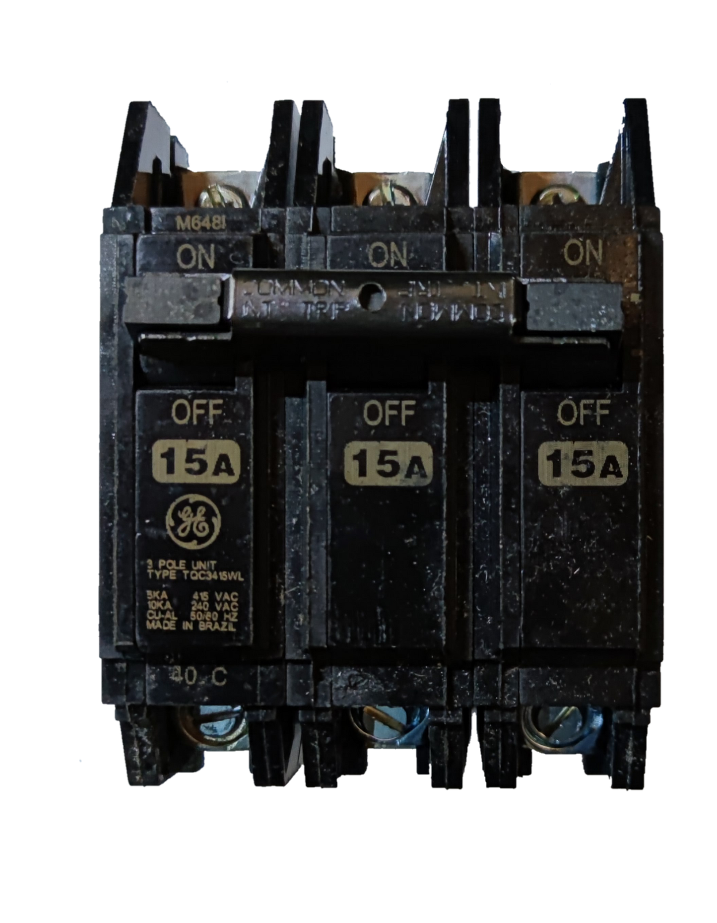 GE 15A 3 Pole Circuit Breaker black three pole breaker with ON OFF switches and 15A labels for panels