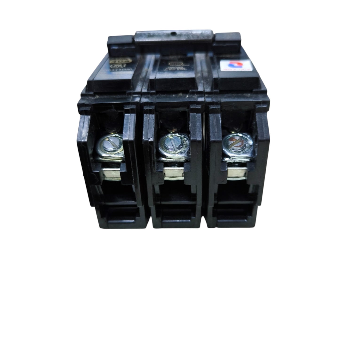 GE 15A 3 Pole Circuit Breaker black three pole industrial breaker showing terminal screws and plastic housing