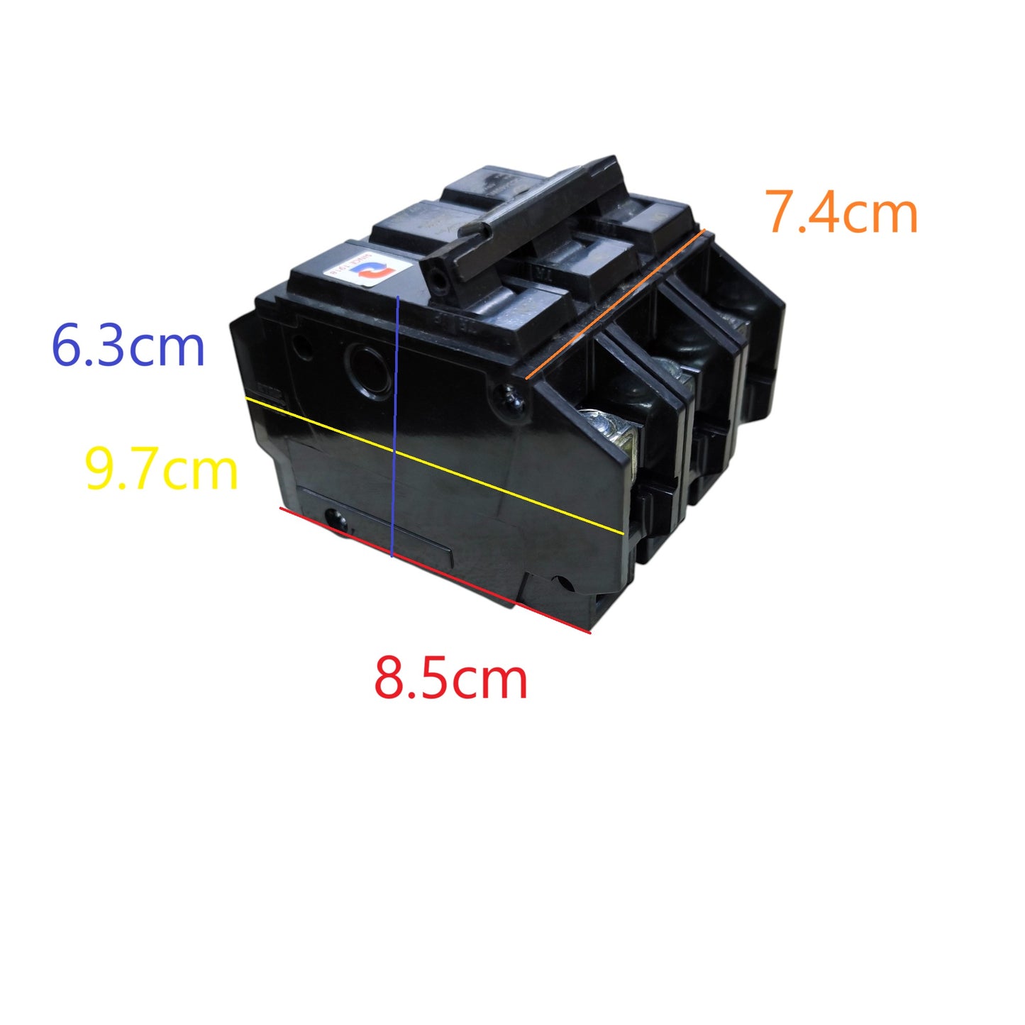 GE 15A 3 Pole Circuit Breaker black three pole electrical breaker with toggle handle and terminal ports for panels