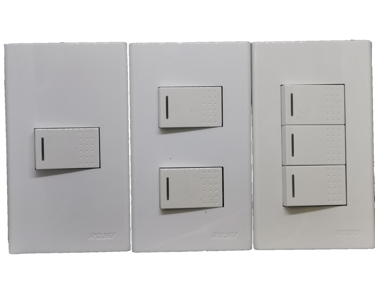 Royu 1 gang 1 way switch with plate and double and triple switch panels in white finish
