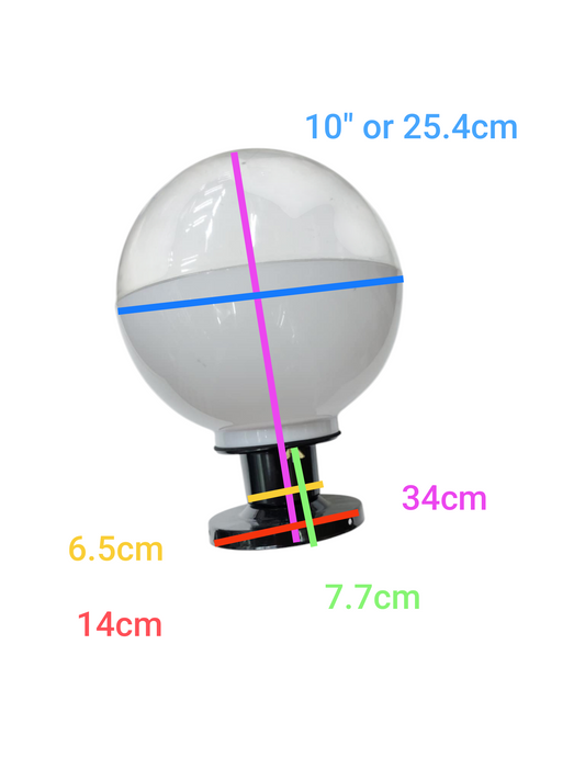 Amco 10 inch globe lamp post fixture with white globe and black base showing dimensions