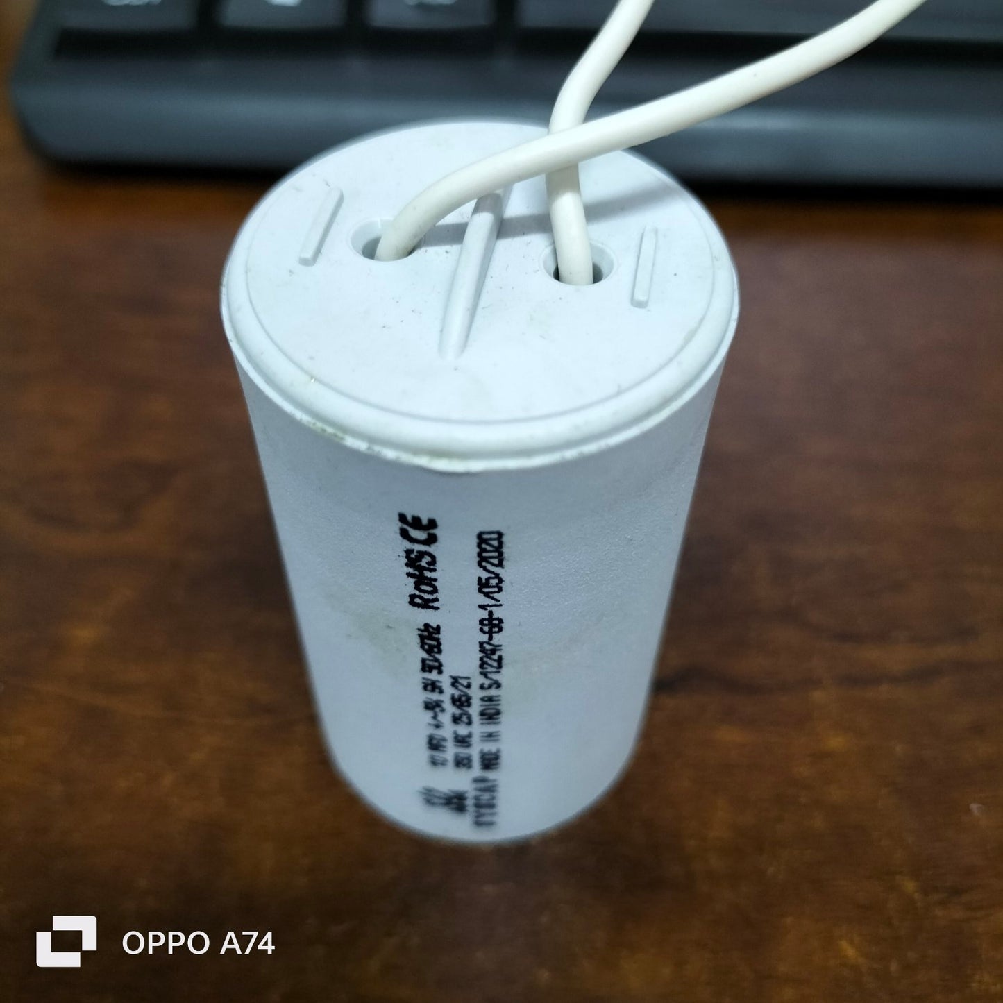 Syscap 10MFD Motor Running Capacitor white cylindrical electrical component with wires