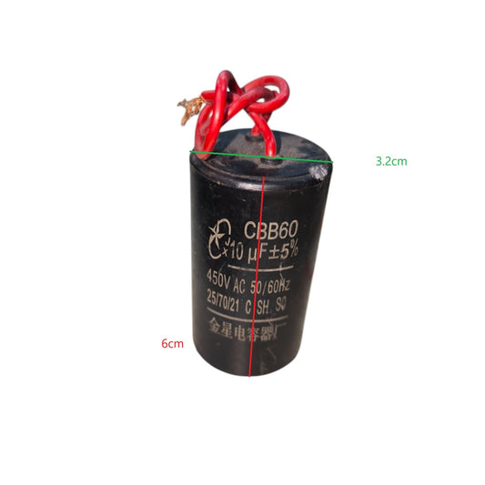 CBB 10uF 450V capacitor with red wires for electrical circuitry and parts