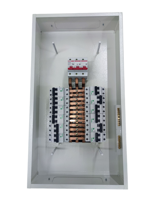 Koten 12 branch circuit breaker panel with multiple switches and copper wiring inside a white metal enclosure