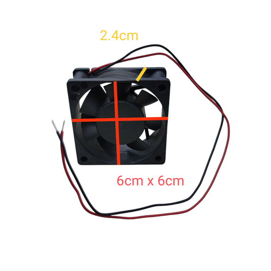 6cm x 6cm 12V DC box fan replacement with black blades and red black wires for cooling
