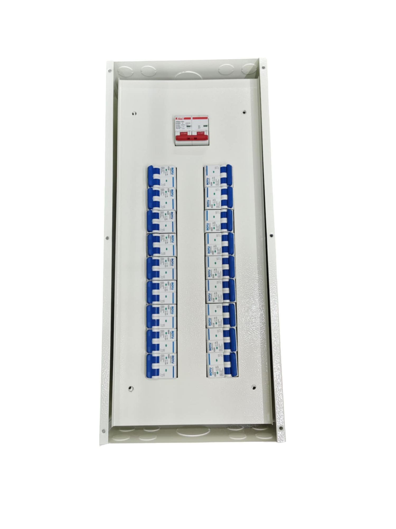 Royu Himel Koten 18 Branches Panel Board with 80A Main 2P. white metal enclosure with two rows of blue breakers