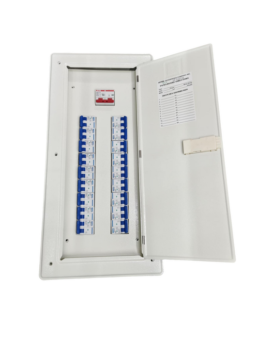 18 Branches Panel Board with 80A Main 2P recessed white enclosure open showing two rows of blue breakers and door label