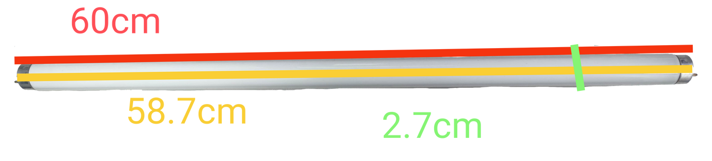 18W T8 UV fluorescent tube 220V measuring 60cm length with white and orange ends