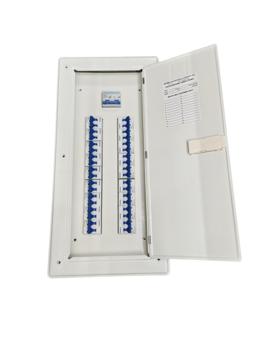 Chint 2 pole main 18 branch breaker panel with white metal casing and circuit breakers