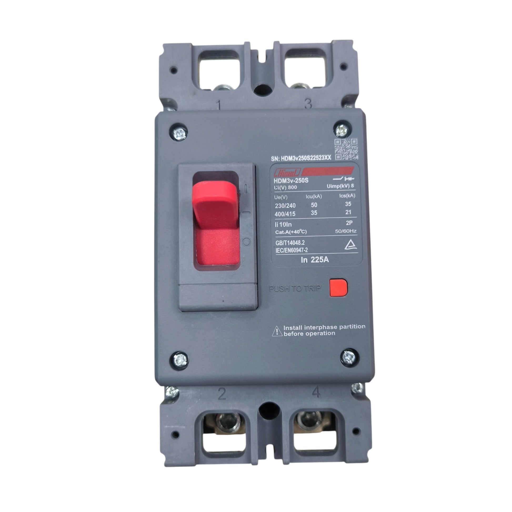 Himel breaker 225A 2 Pole 220V 36KAIC 400V AC switch with red toggle and gray casing