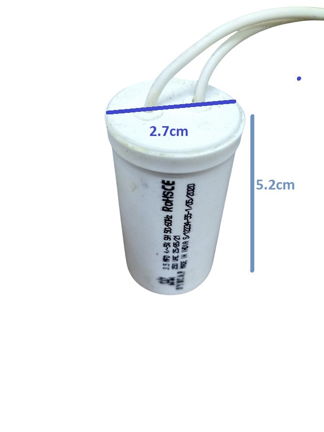 Syscap 250 VAC 3.5MFD Running Capacitor white cylindrical electrical component with two wires