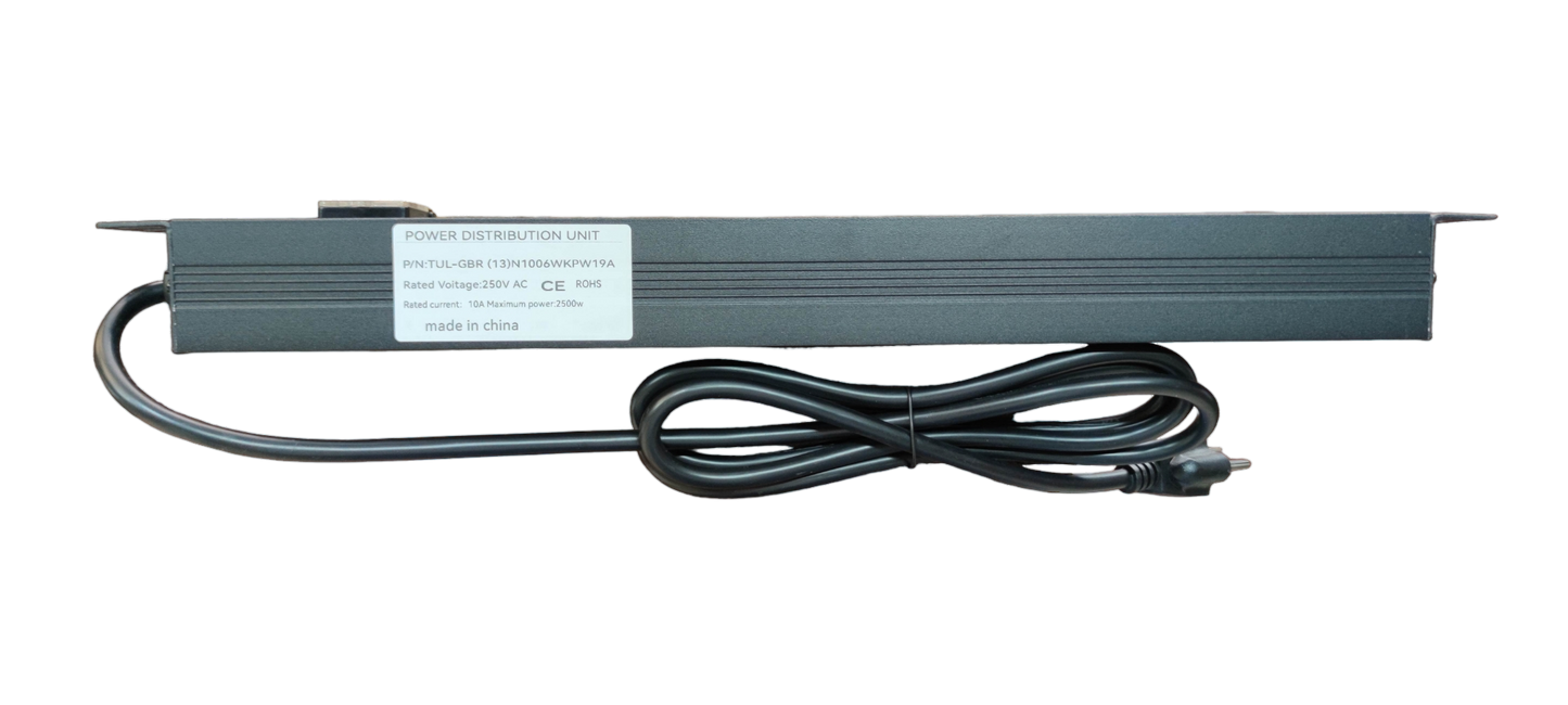 Grippes 6 gang power distribution unit with black metal housing and attached power cord