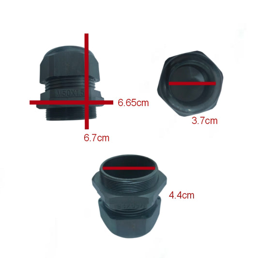 Grippes black Cable Gland M50 30-32mm showing measurements from multiple angles for cable management
