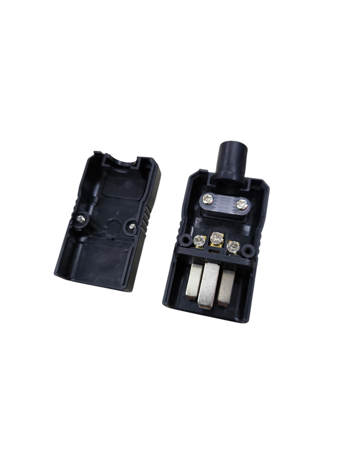 Disassembled black Computer Power Plug C20 with visible metal connectors and screws