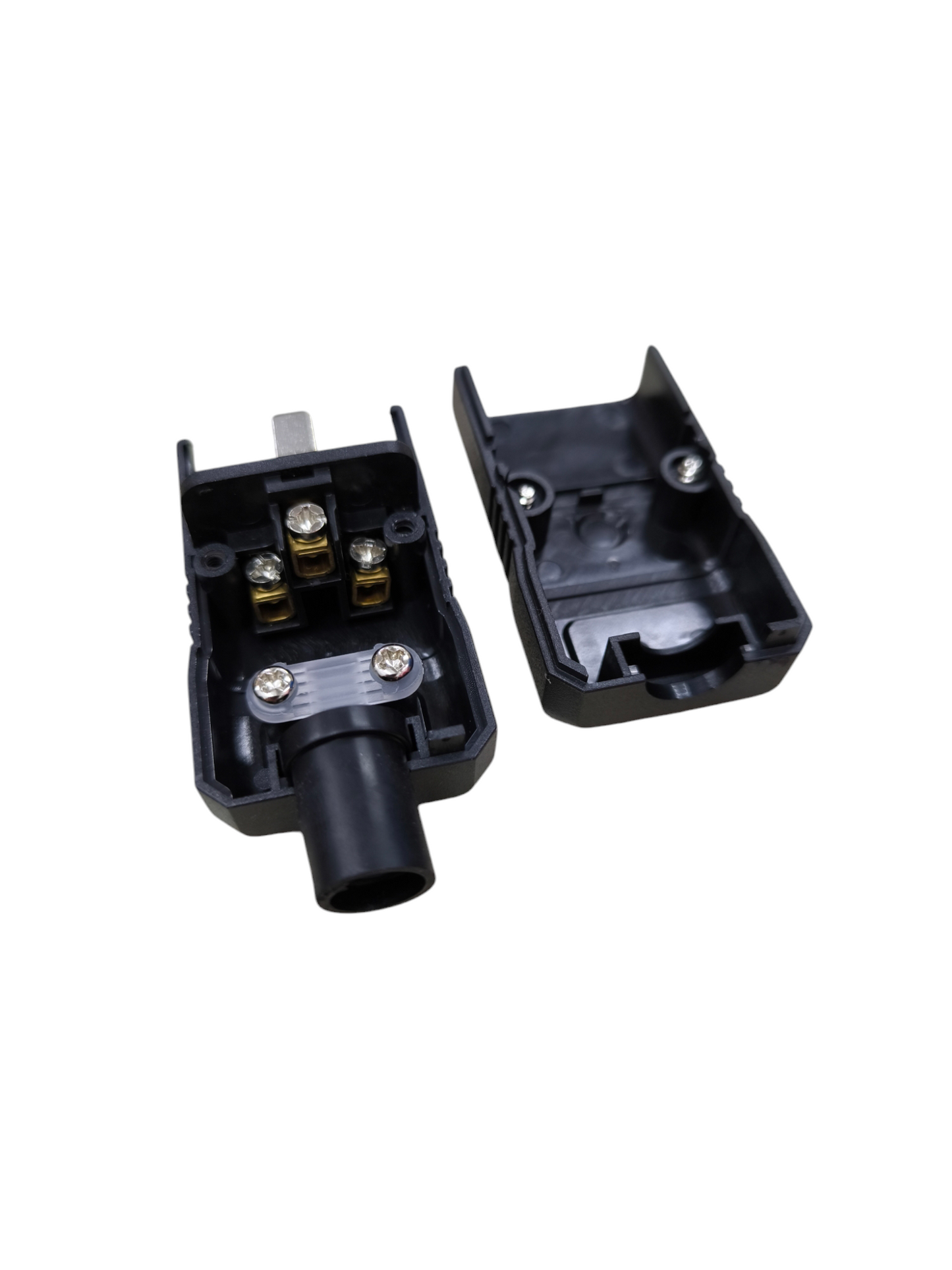 Black Computer Power Plug C20 electrical connector with open casing showing internal wiring parts