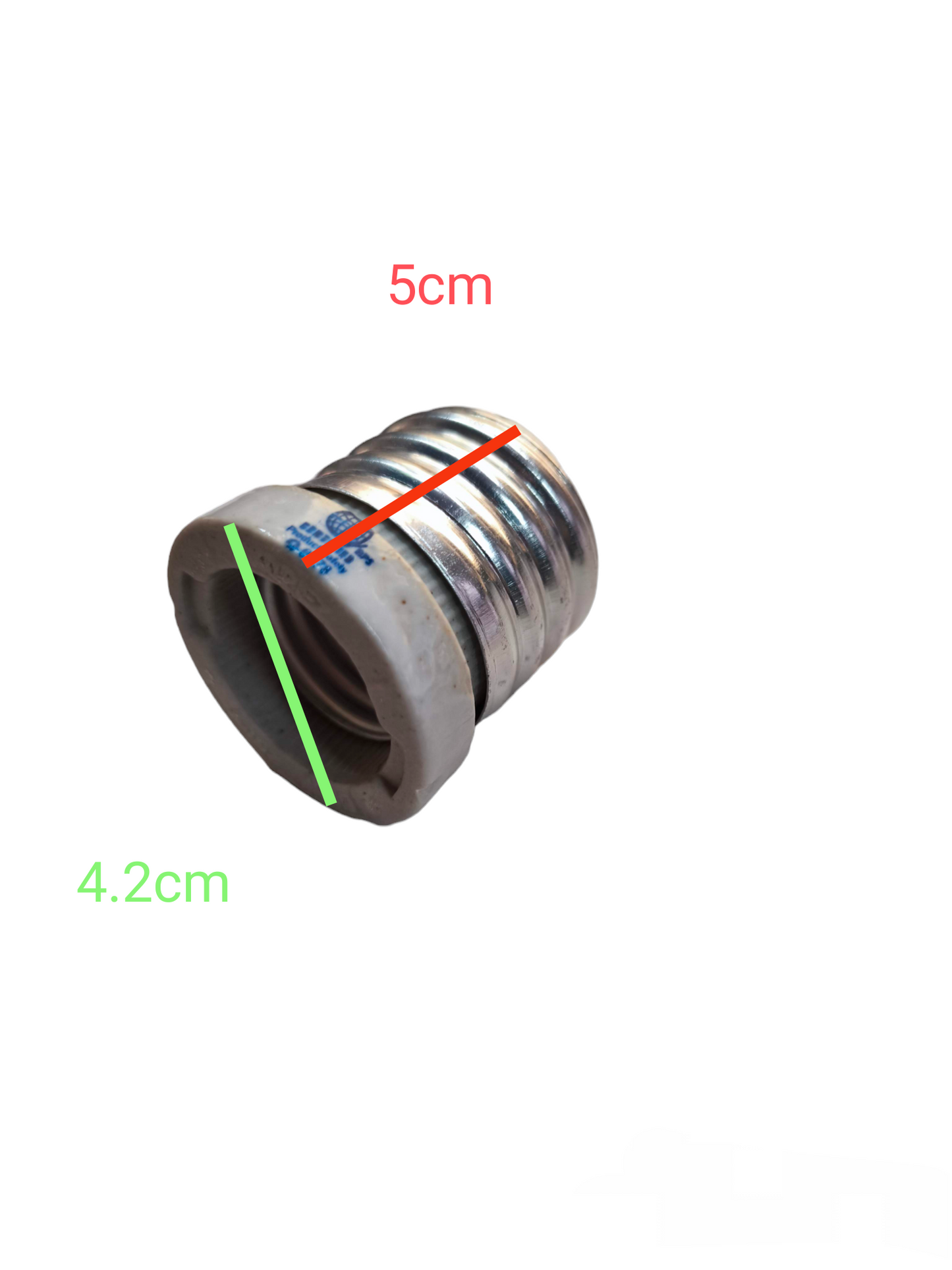 Kopez E40 to E27 bulb adapter showing metal and ceramic base with size measurements