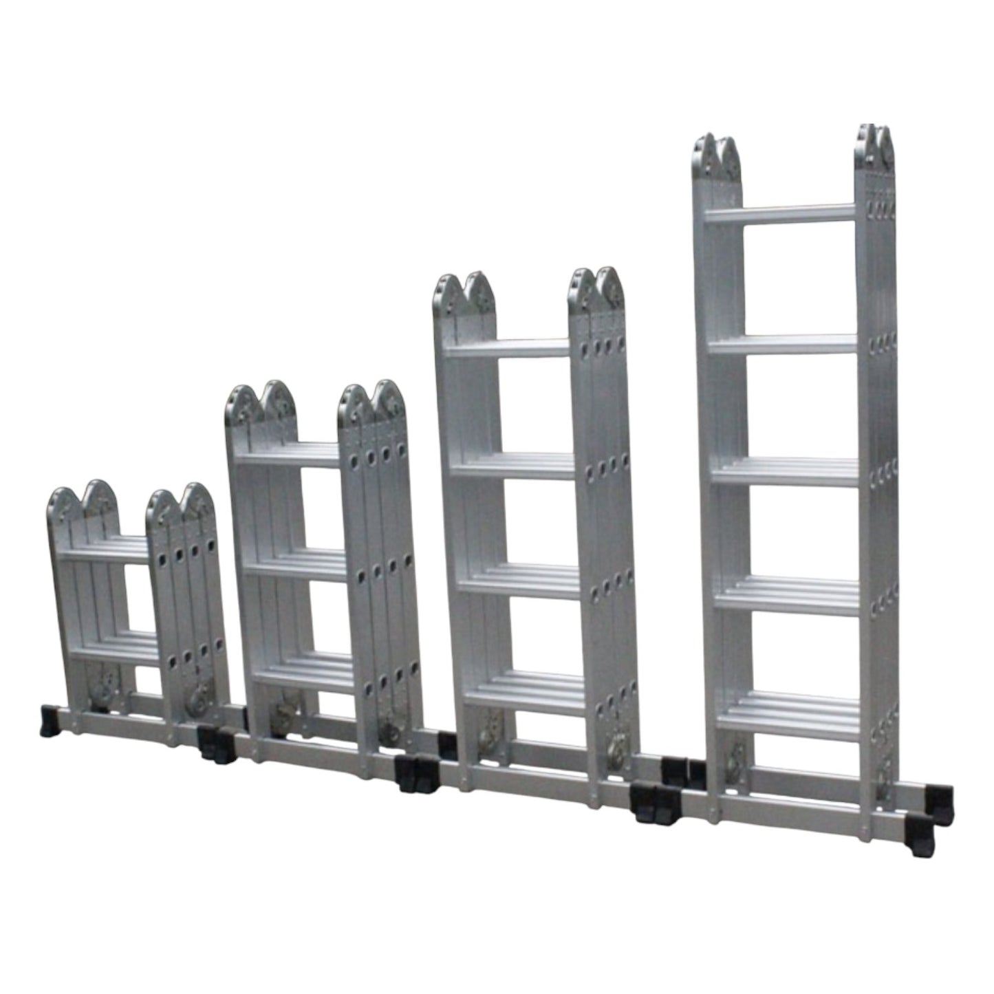 Butterfly foldable multi-purpose ladder 4x4 aluminum articulating ladder displayed in five adjustable height configurations