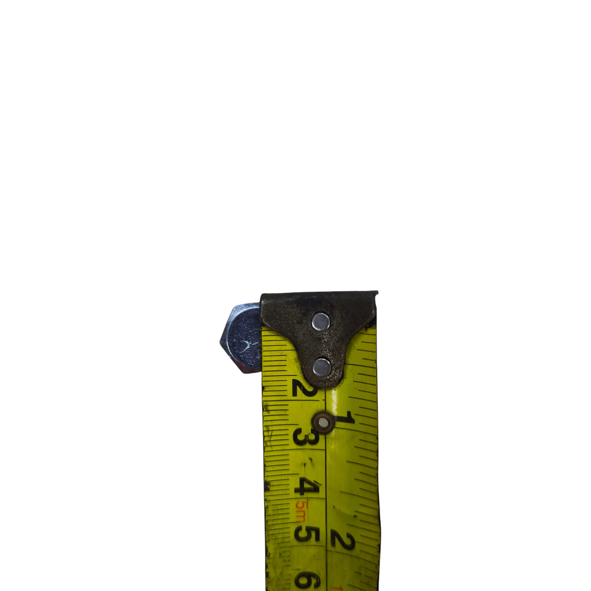 China made GI End Cap Screw hex bolt next to yellow measuring tape showing size