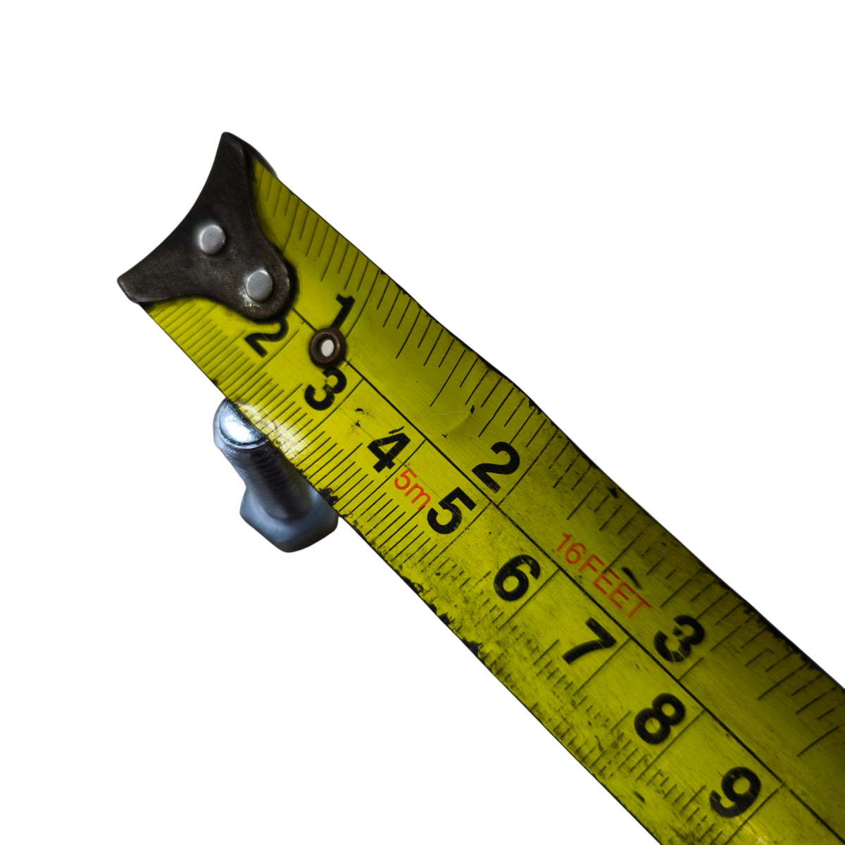 GI End Cap Screw hex bolt measured against yellow tape measure showing size details