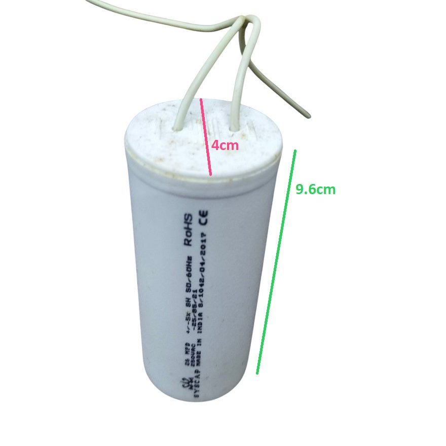 Syscap motor running capacitor white cylindrical electrical component with 4cm diameter and 9.6cm height