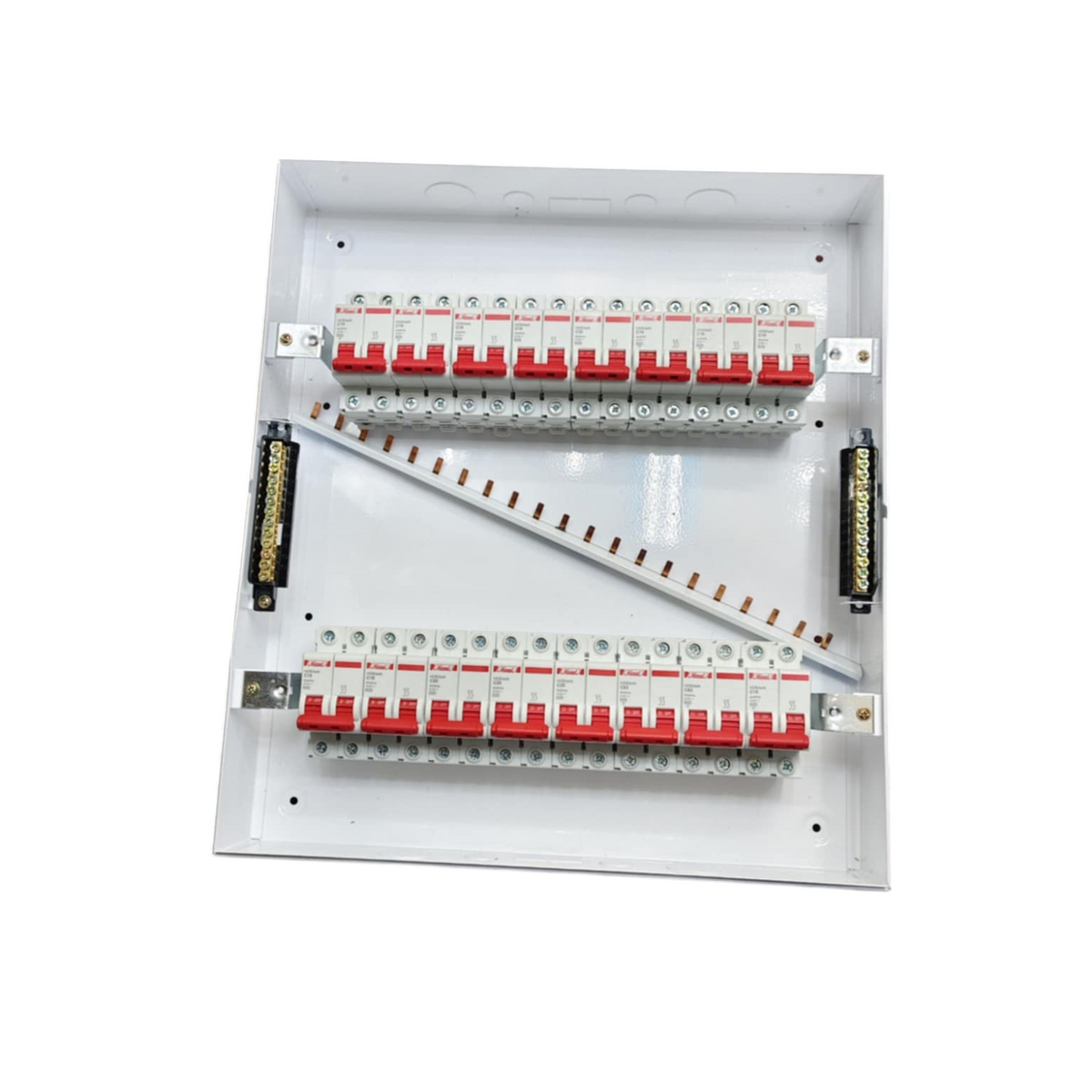 Panel Board 50A 2 Pole Main Miniature electrical circuitry part with multiple circuit breakers inside white enclosure
