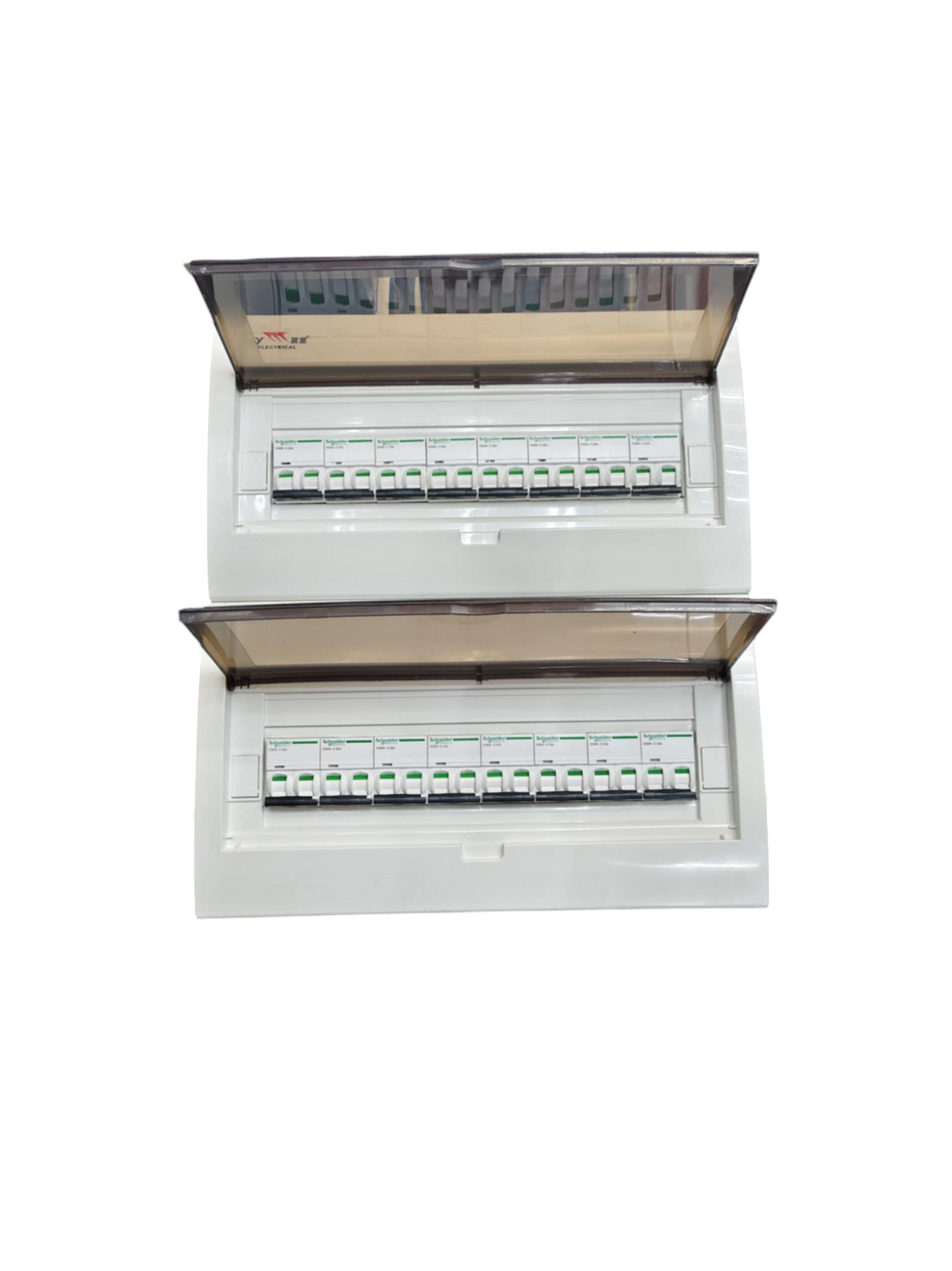 Schneider and ZY Panel Board 63A 2 Pole Main Miniature with multiple circuit breakers and transparent covers