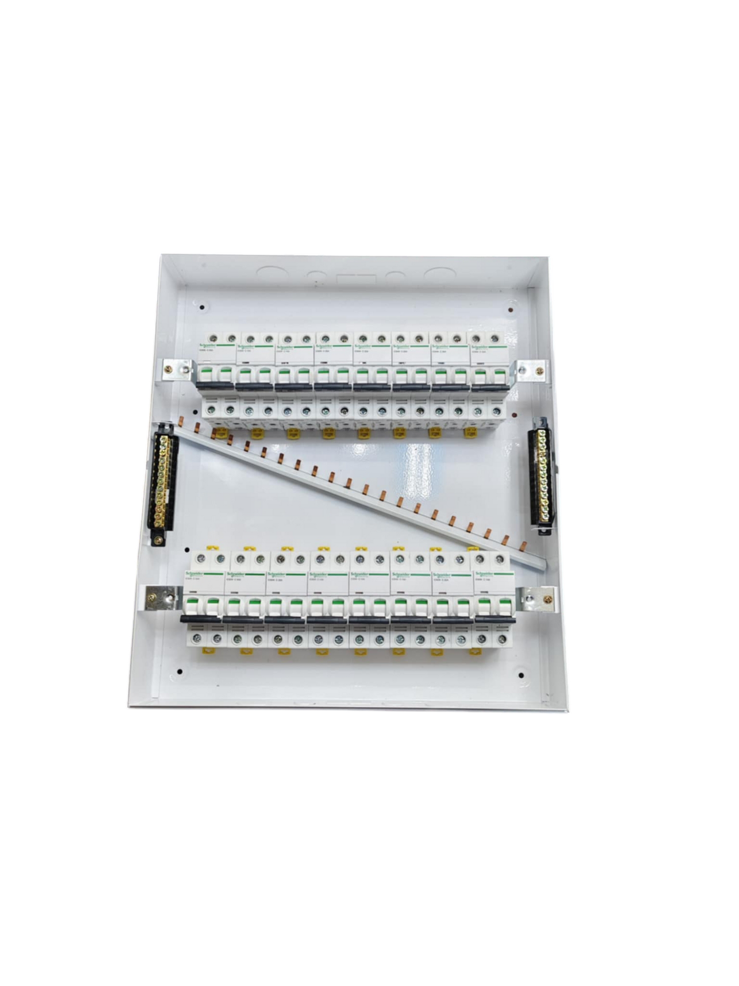 Schneider and ZY Panel Board 63A 2 Pole Main Miniature electrical circuitry with multiple breakers