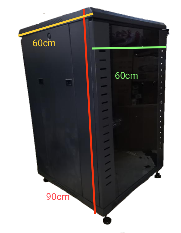 Grippes black Server Rack 18U with glass front door and 60cm by 90cm dimensions on caster wheels