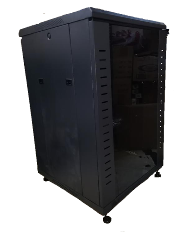 Grippes black metal Server Rack 18U with glass front door and ventilation slots on sides