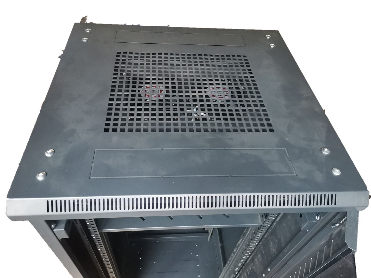 Grippes black metal Server Rack 18U with ventilation grid and mounting rails for electrical circuitry parts