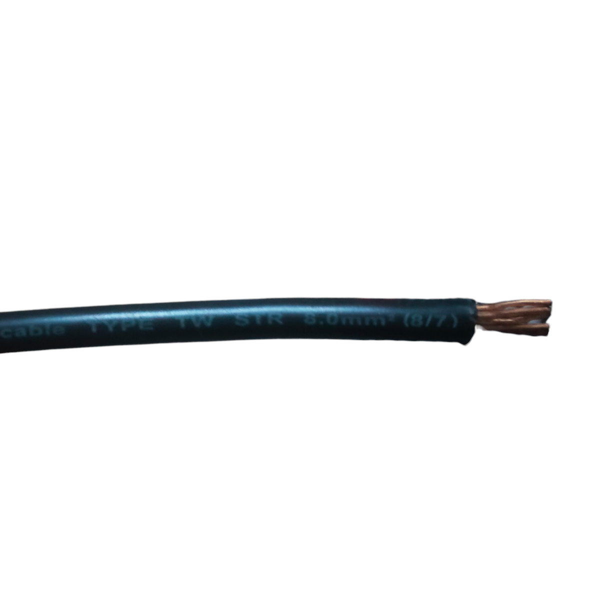 Omega stranded electrical wire with black insulation and exposed copper strands end