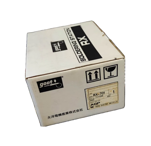 Goot 65W Soldering Station 220V PX-701 packaged in a white box with product and handling labels
