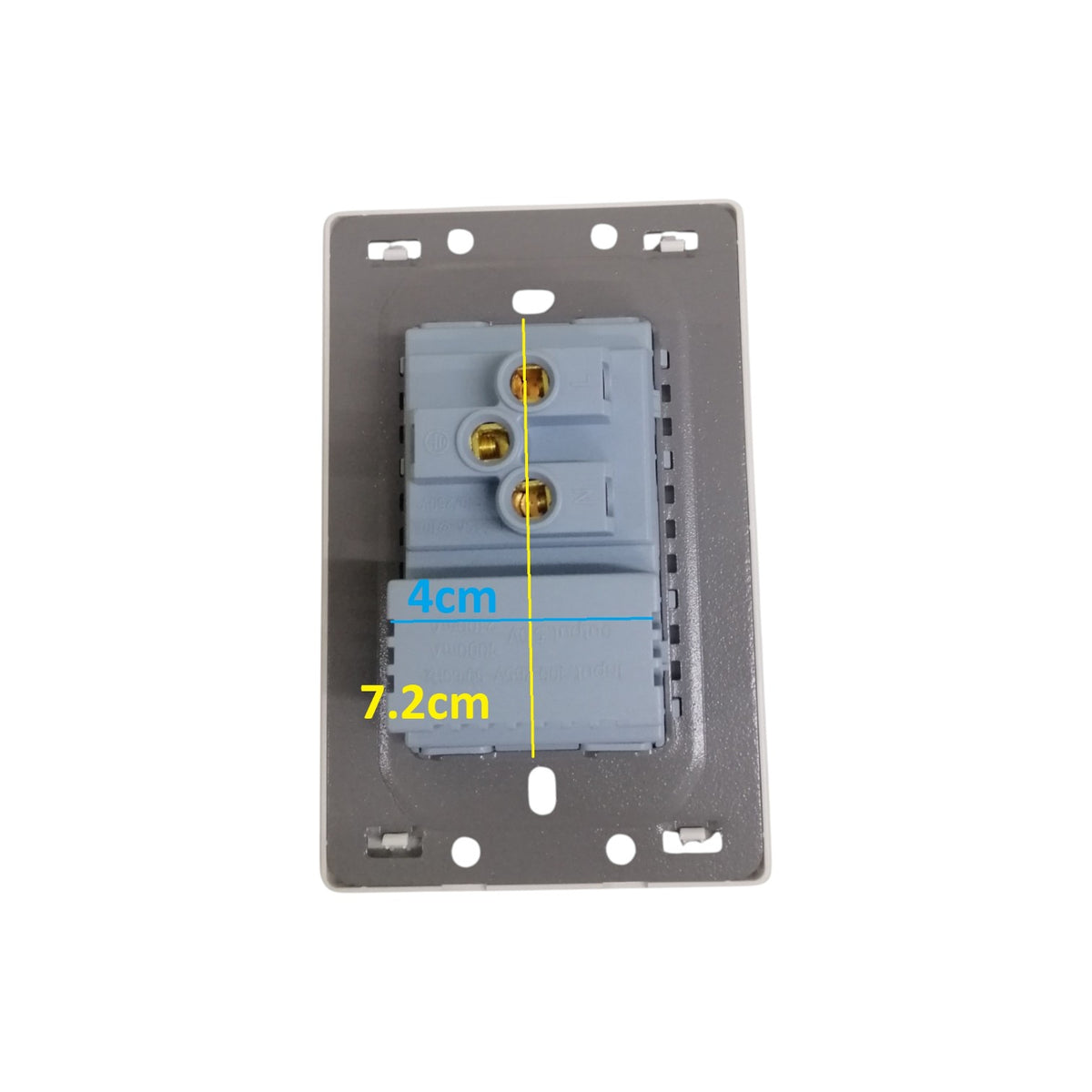 A gray electrical outlet backplate with a light blue terminal block showing two gold screw terminals, overlaid with yellow and blue dimension lines indicating 7.2cm width and 4cm depth on a white background.