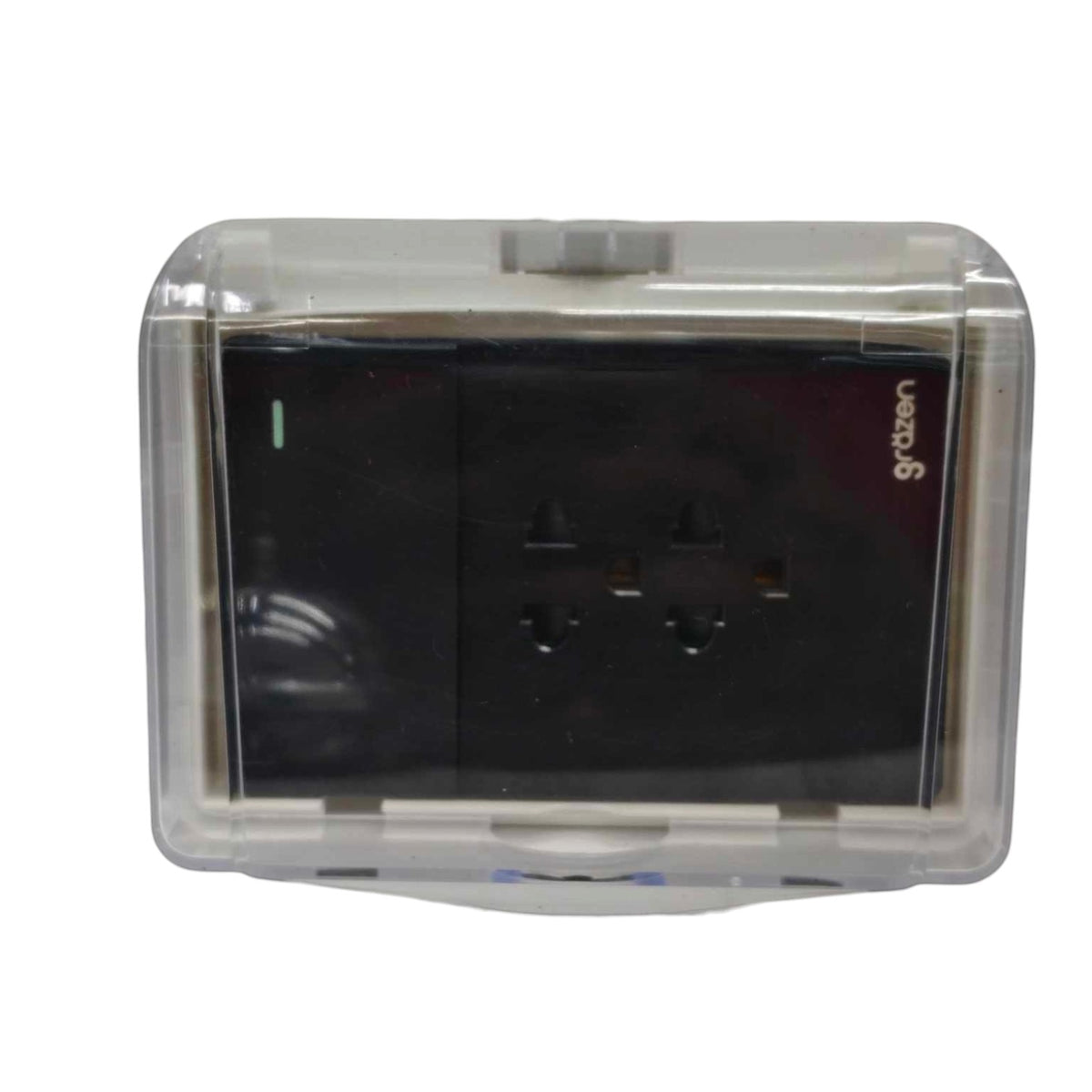 A black dual electrical outlet covered by a clear, transparent protective plastic case, shown against a plain white background.